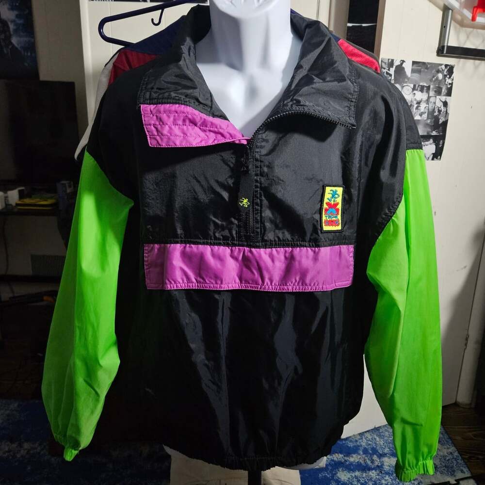 Vintage Ocean Pacific OP Half-Zip Pullover Windbreaker Jacket M Black Neon Green
